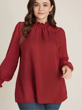 BloomChic Burgundy Smocked Neck Long Sleeve Blouse size 1X (14-16)